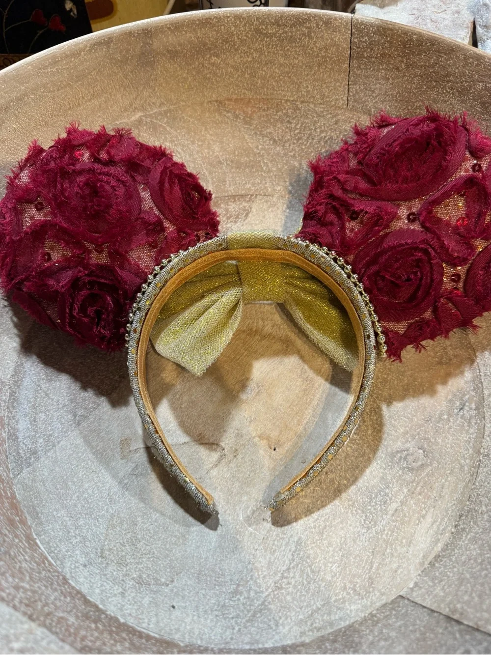 Gold Bow Headband with Burgundy Floral Ears - Kids Accessories